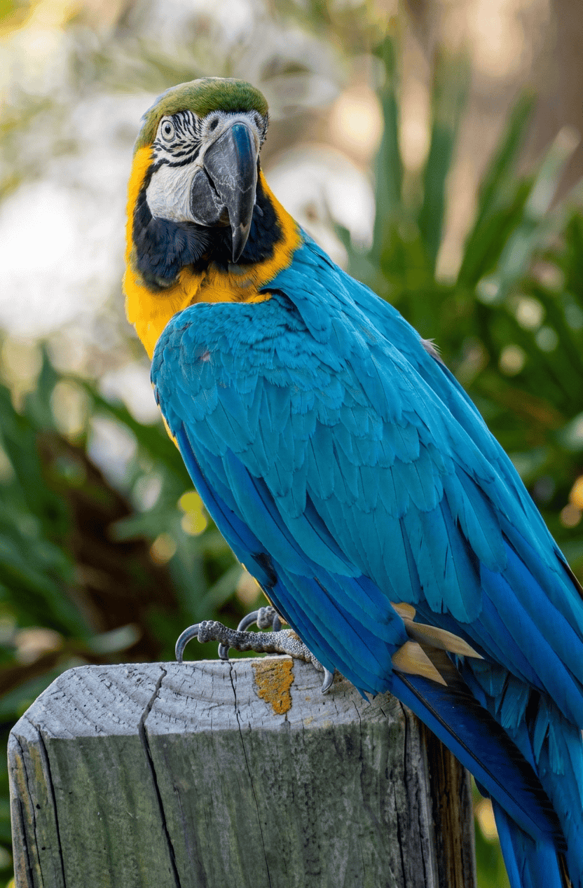 Blue-and-yellow macaw sitting on wooden post with blurred natural background